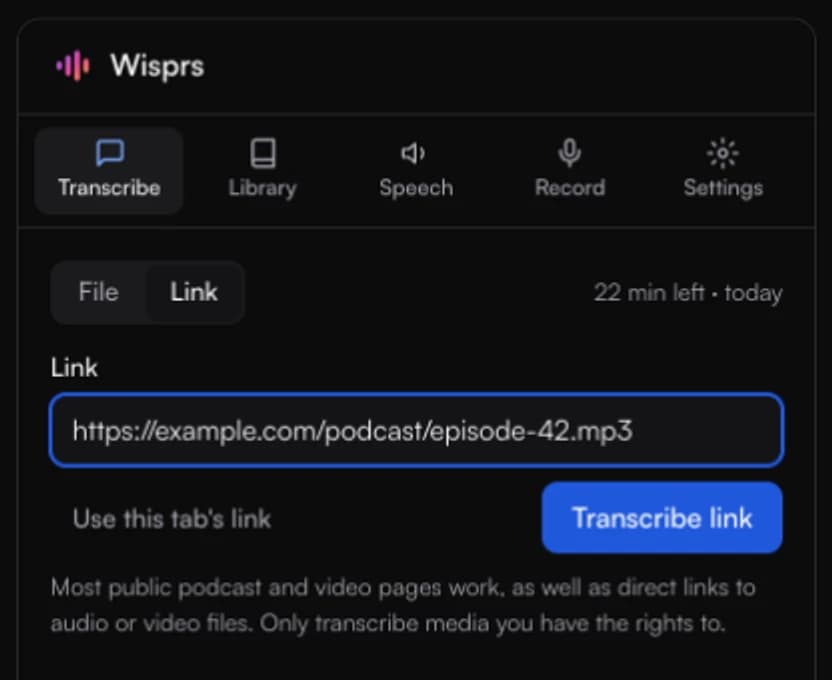 Wisprs Chrome side panel with file upload and link transcription controls
