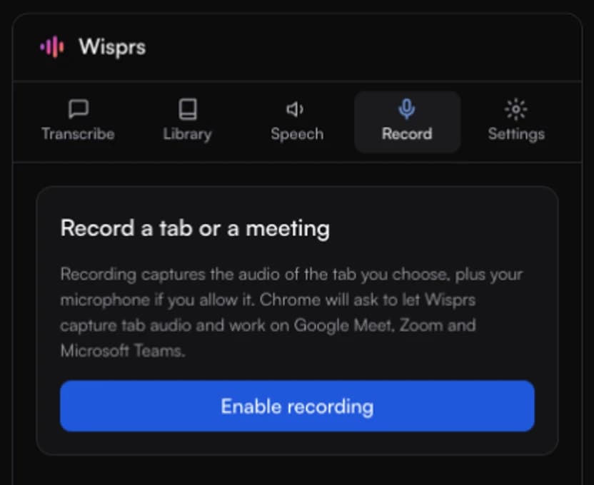 Wisprs optional meeting tab recording controls