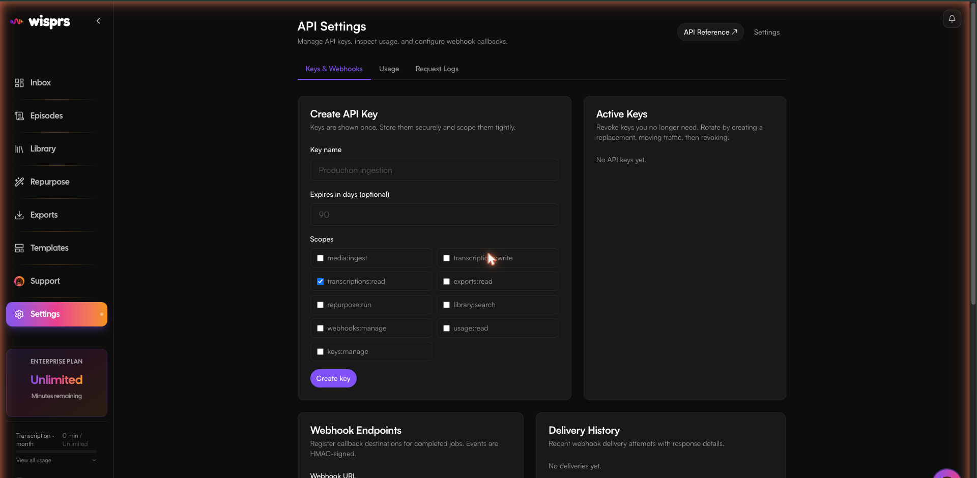 API Settings page showing the Create API Key form with key name, expiry, and scope checkboxes