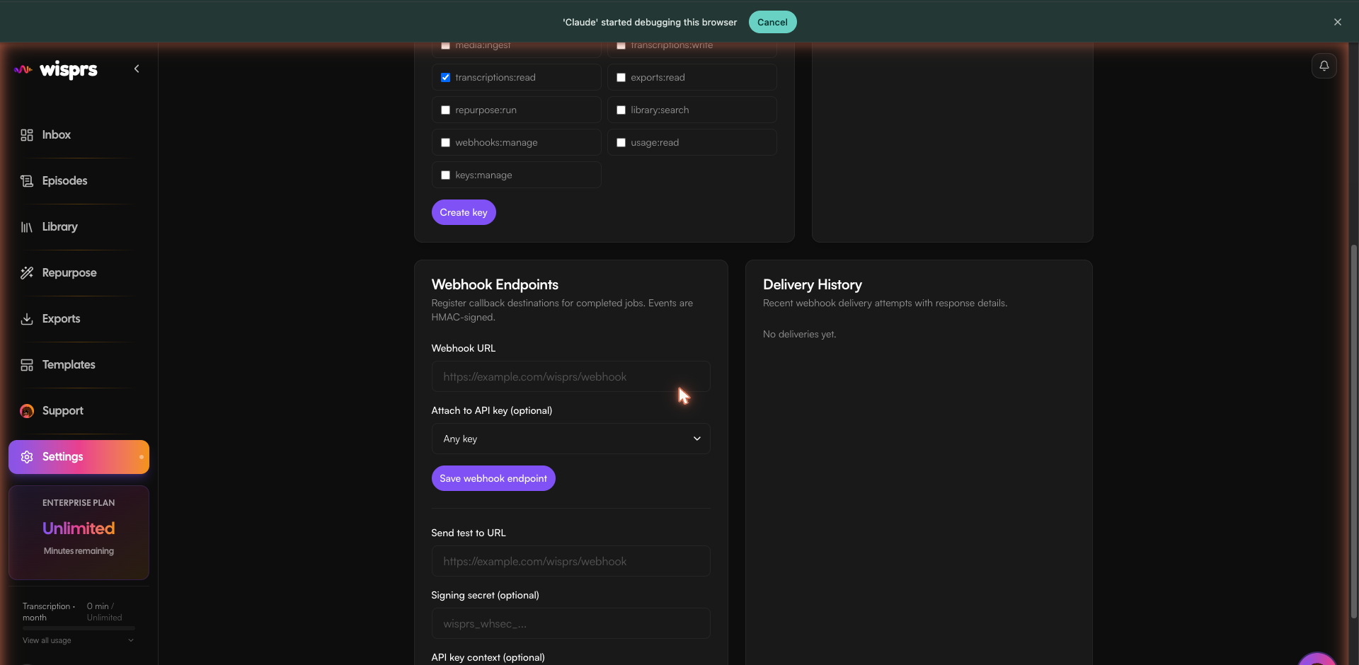 Webhook endpoint registration form