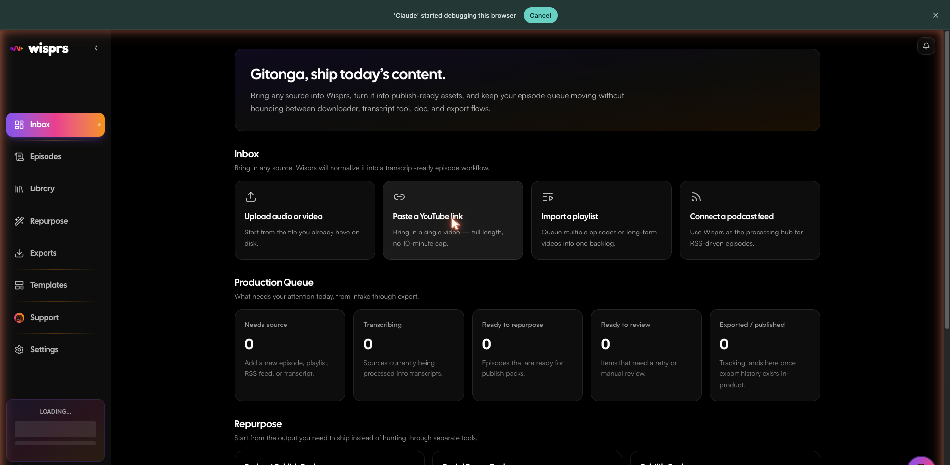 Dashboard Inbox — submit a URL or upload a file
