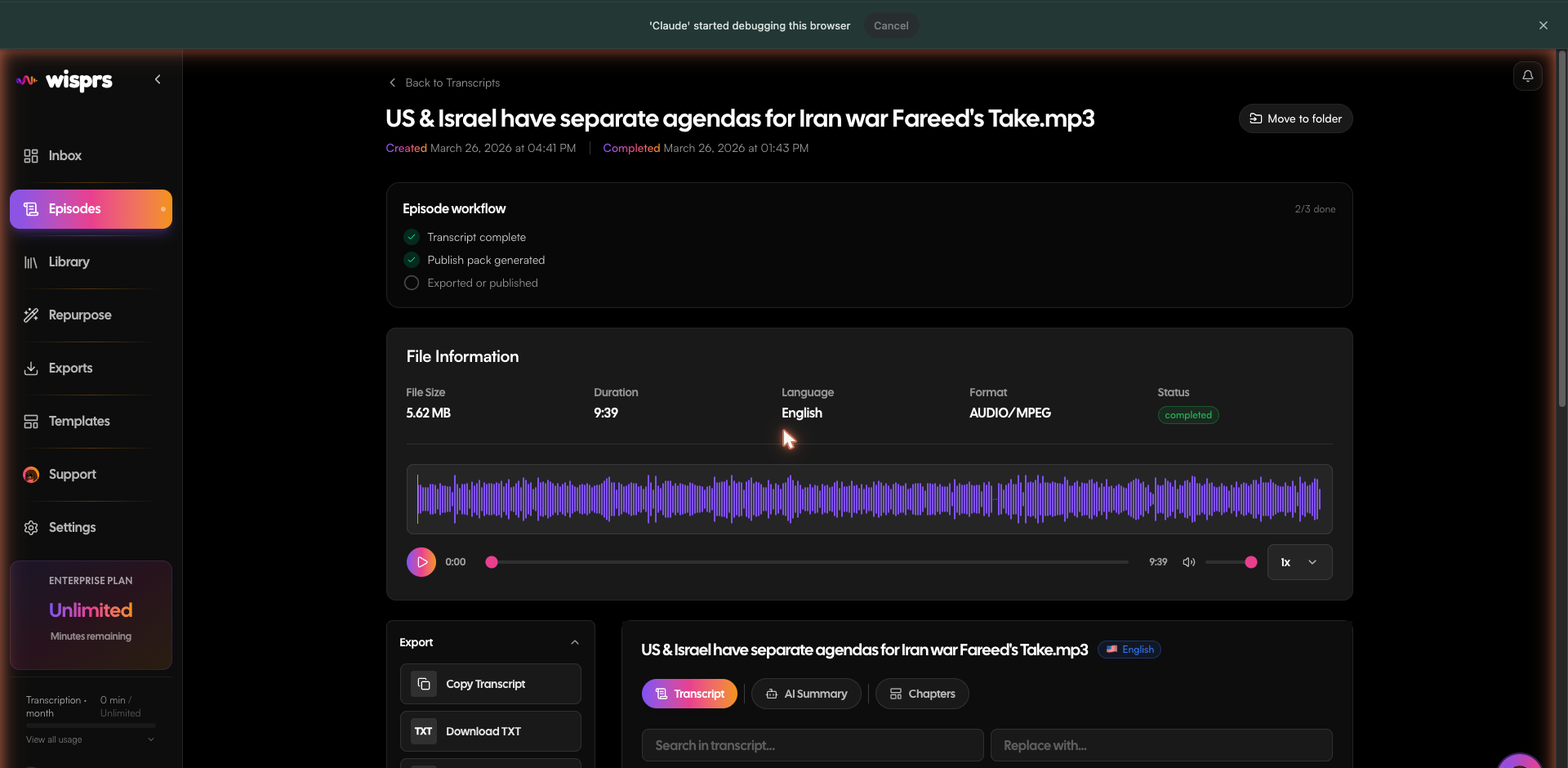 Transcription detail — file info, waveform, export panel, and transcript tabs